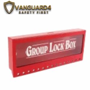Wall Mounted Group Lock Box LK72, durable red steel lock box with transparent window and multiple lockout holes, securely mounted on wall for group safety lockout.
