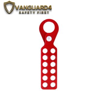 Red steel lockout hasp with 12 padlock holes.